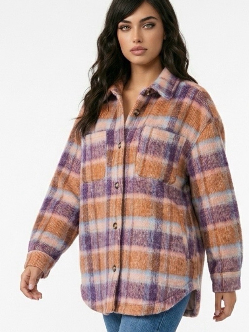 BiBi Plaid Button-Down Shacket in Orange, Purple and Cream